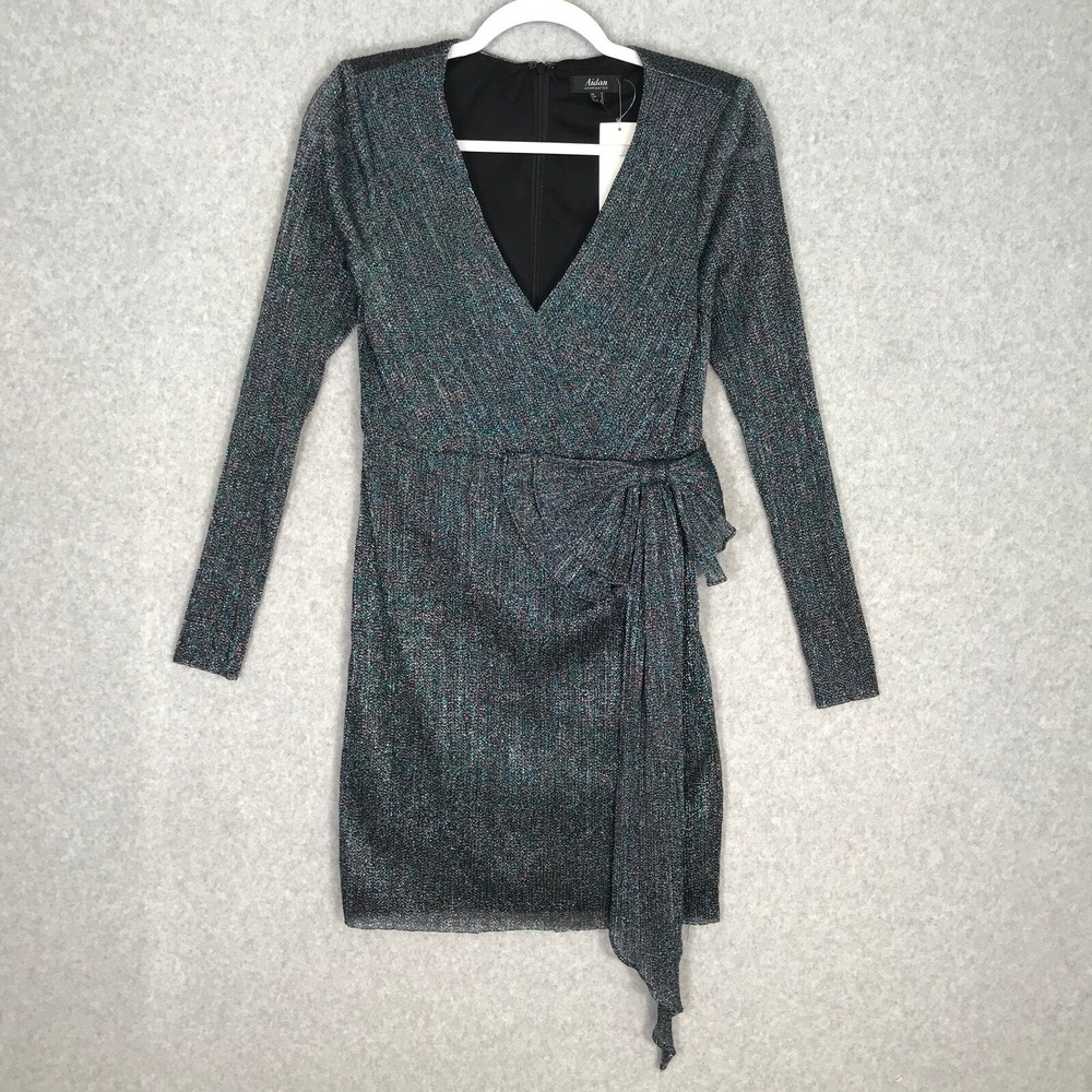Aidan Mattox Teal Metallic Wrap Dress Size 4 Bow Shimmer Party NYE‎ Holiday Glam